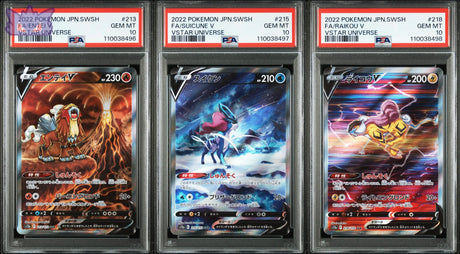 Carte Pokemon Japonaise Entei V 213 , Suicune V 215 et Raikou V 218 SAR VSTAR UNIVERSE PSA 10 SEQUENTIEL GengyGallery